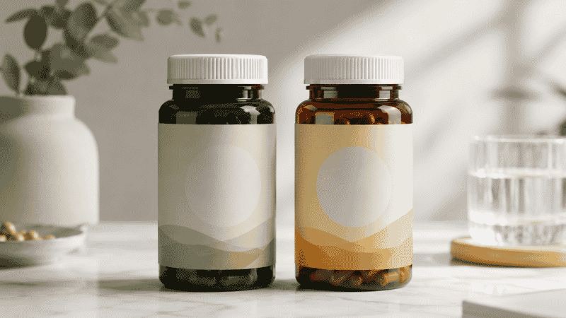 Two supplement bottles side by side representing vitamin D2 and vitamin D3 comparison for choosing the right form of vitamin D