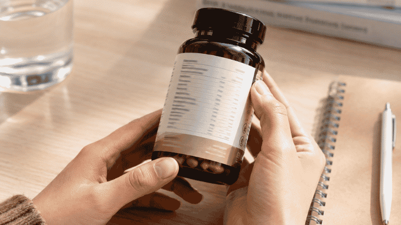 Person reading supplement label when choosing vitamin D3 and K2 combination product to verify MK-7 form and dosage