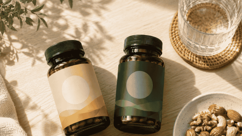 Two supplement bottles representing vitamin D3 and K2 combination placed with nuts and water showing fat-soluble supplement routine