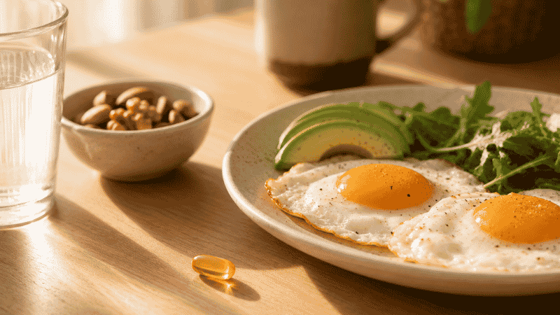 Vitamin D3 softgel capsule beside breakfast food showing the recommendation to take vitamin D safely with fat-containing meals at appropriate dosage