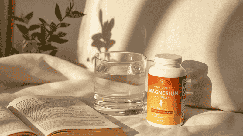 A calming bedside setup with a glass of water and a bottle of magnesium glycinate capsules, emphasizing a science-backed evening routine for deep sleep recovery.