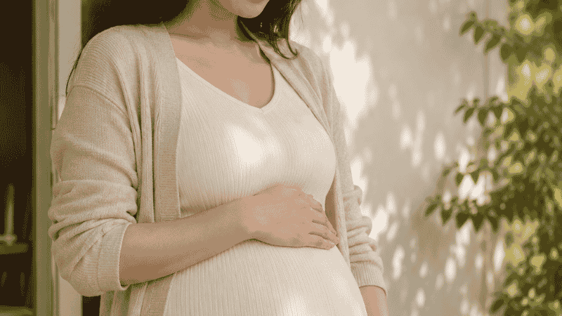 Pregnant woman with hand on belly representing the importance of DHA omega-3 during pregnancy for fetal brain development and maternal nutrition
