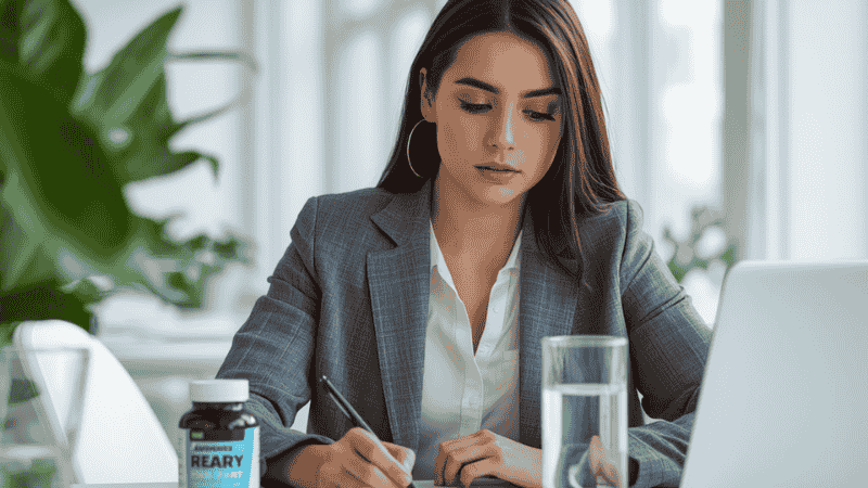A high-achieving professional focusing on work at a clean, modern desk with a bottle of cognitive-enhancing supplements and a glass of water, symbolizing peak productivity and health optimization