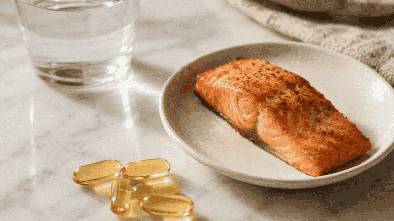 Fish oil softgel capsules next to a piece of salmon representing the comparison between fish oil supplement benefits and dietary omega-3 from whole fish
