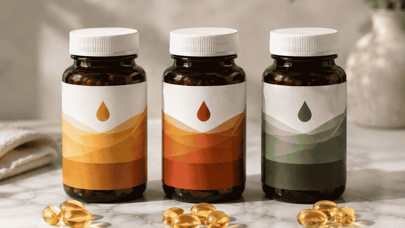Three omega-3 supplement bottles representing fish oil krill oil and algae oil arranged for comparison showing the three main sources of EPA and DHA
