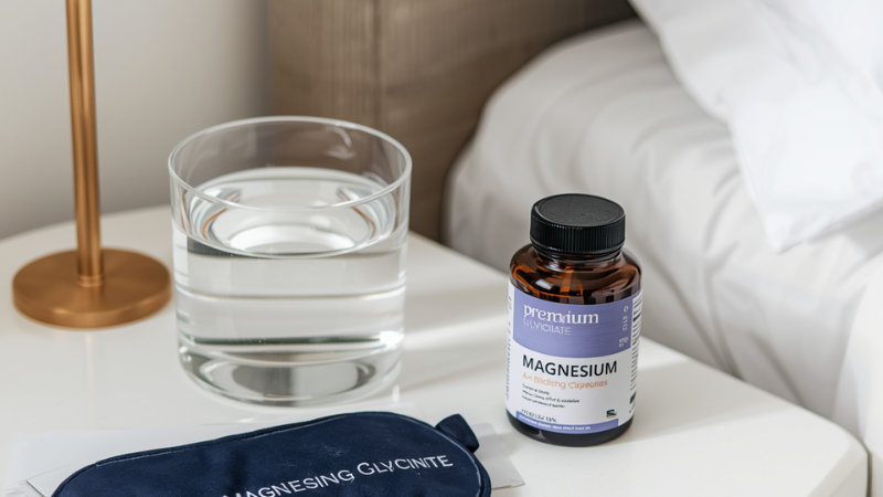 A premium bottle of magnesium glycinate capsules next to a glass of water on a bedside table, illustrating the optimal dosage routine for improving sleep latency.