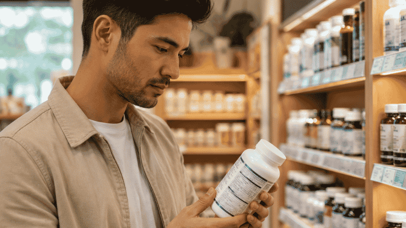 Person carefully reading omega-3 supplement label in store representing the informed decision process for choosing between fish oil krill oil and algae oil