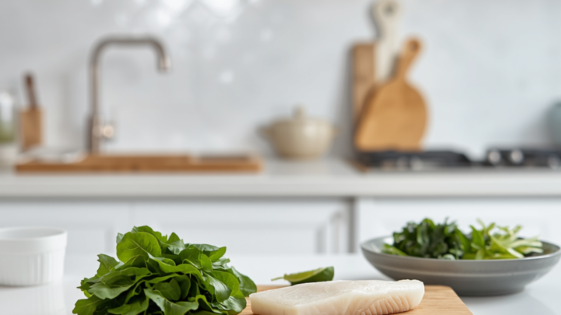 A fresh raw swai fish fillet on a kitchen counter with green vegetables, representing lean protein for healthy meal prepping and performance nutrition