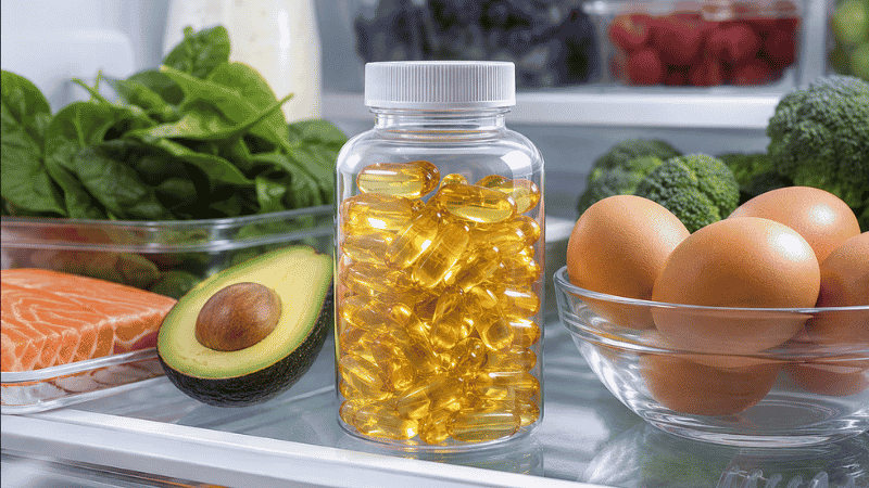 Fish oil supplement bottle stored in refrigerator representing the tip to refrigerate fish oil capsules to reduce fishy burp and aftertaste side effects