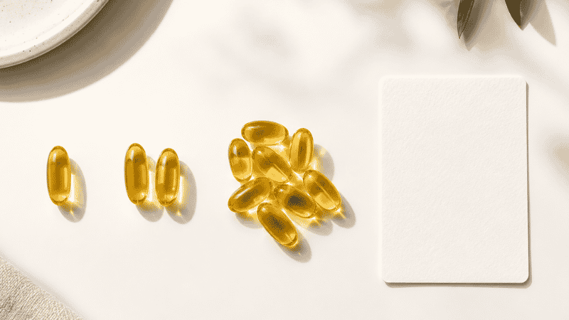 Different quantities of fish oil capsules arranged showing varying omega-3 dosage amounts needed for different health goals from general maintenance to therapeutic doses