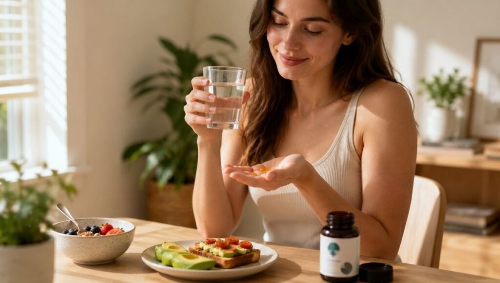 Person holding omega-3 fish oil capsules and water at morning breakfast table representing the daily supplement routine for consistent long-term omega-3 health benefits