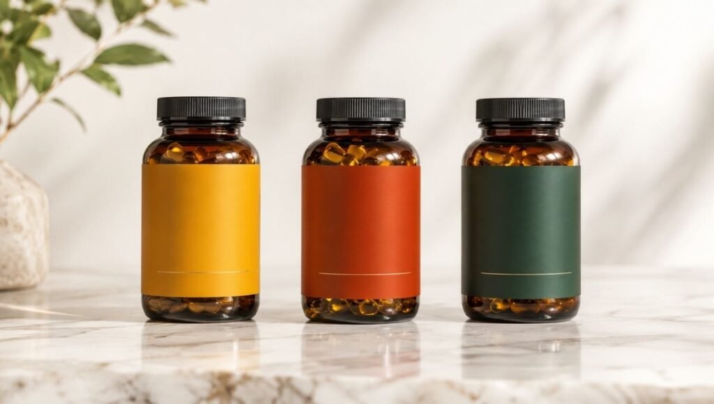 Three omega-3 supplement bottles representing fish oil krill oil and algae oil arranged for comparison showing the best omega-3 supplement options for different health goals