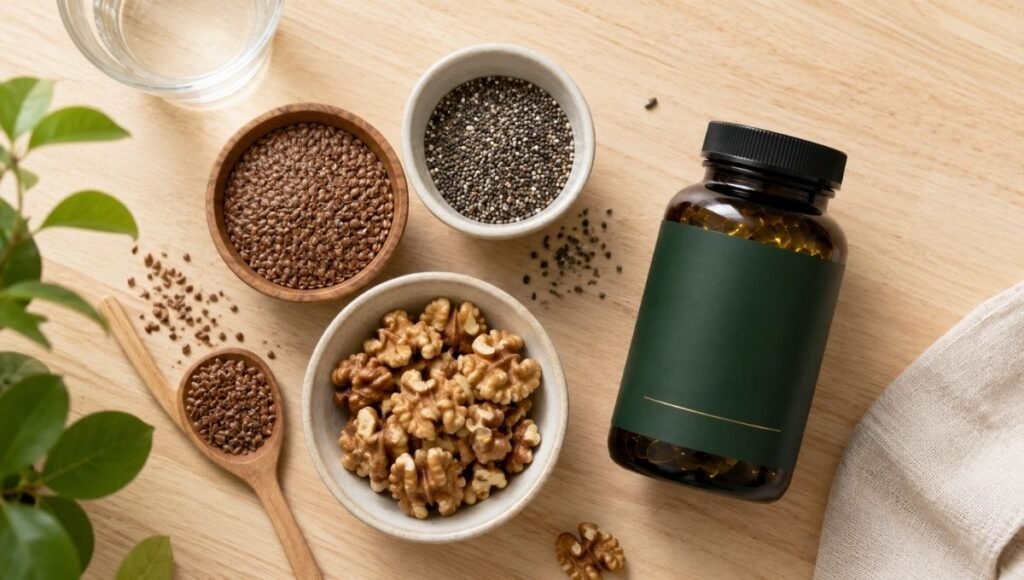 Plant-based omega-3 foods including flaxseeds chia seeds and walnuts next to algae oil supplement bottle showing the best vegan omega-3 supplement option compared to ALA plant sources