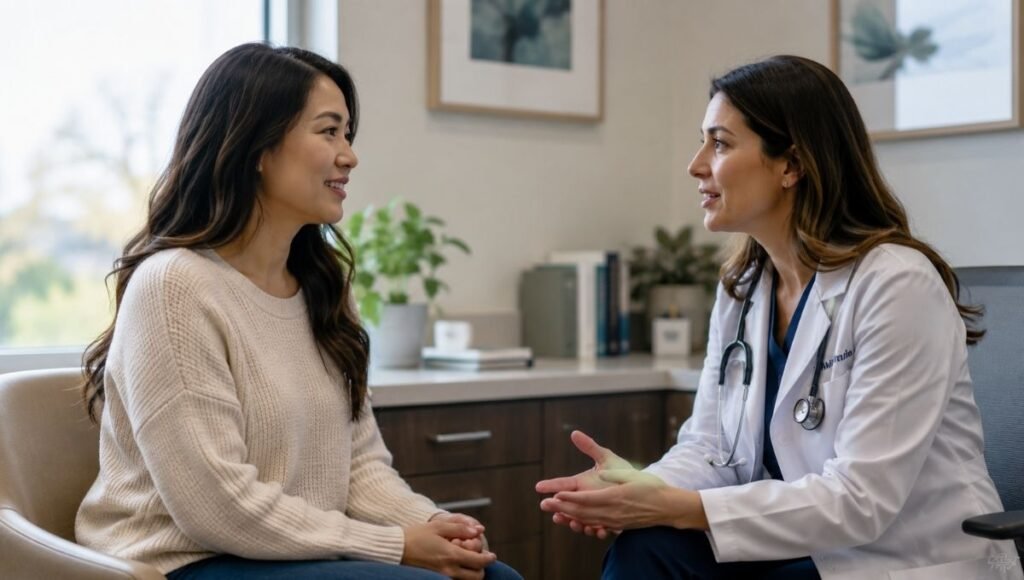 Patient consulting with doctor representing the recommendation to stop fish oil supplements 1 to 2 weeks before surgery and inform medical team about omega-3 supplementation