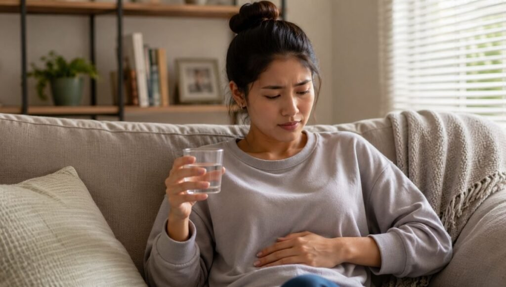 Person sitting calmly with glass of water representing rational assessment of fish oil digestive side effects including diarrhea and heartburn with practical solutions