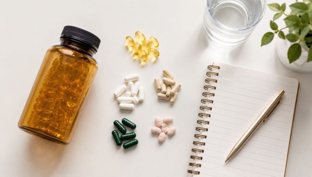 Fish oil supplement bottle next to various medications representing drug interaction considerations including anticoagulants blood thinners and other prescription medications when taking omega-3 fish oil
