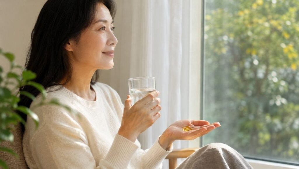 Person holding fish oil capsules and water by window representing the daily omega-3 supplement routine for long-term joint pain and inflammation support requiring consistent use over months