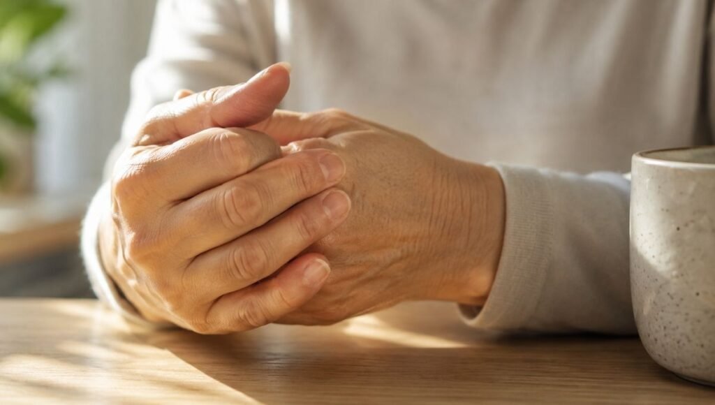 Person's hands gently clasped together in morning light representing joint pain and morning stiffness that fish oil omega-3 supplementation may help address through anti-inflammatory mechanisms