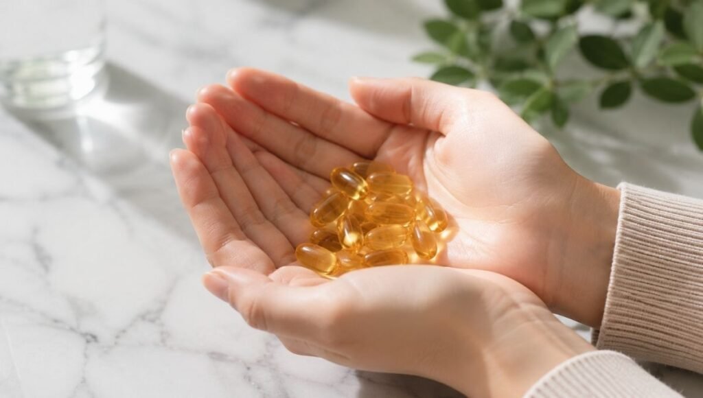 Person holding golden fish oil softgel capsules representing the importance of understanding fish oil side effects drug interactions and safety considerations before supplementing