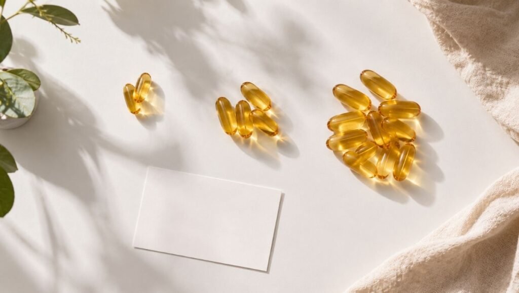 Different quantities of fish oil capsules arranged showing varying omega-3 dosage amounts needed for different health goals from general maintenance to therapeutic doses for inflammation or mood