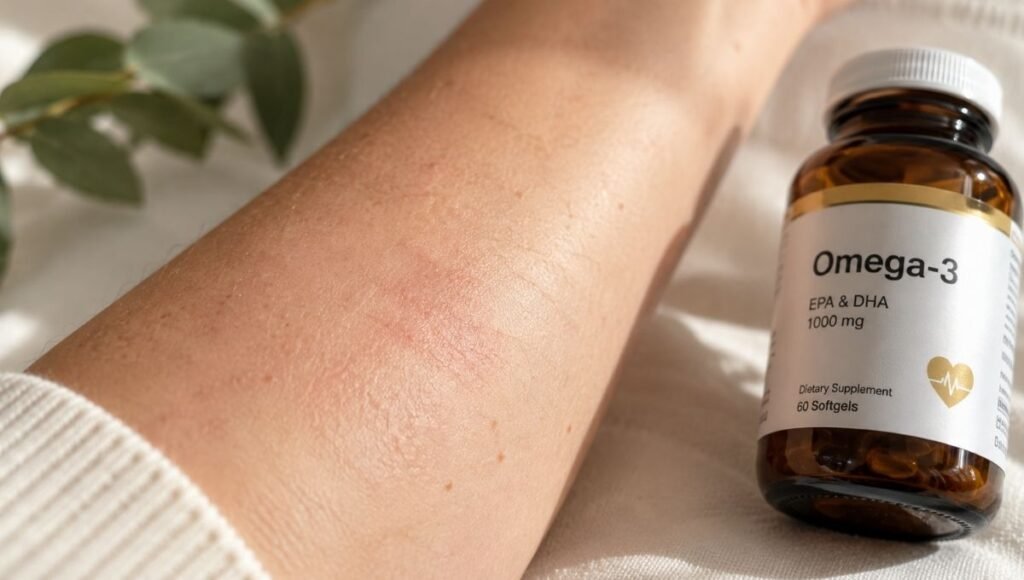 Close-up of dry sensitive skin on forearm next to omega-3 supplement bottle representing fish oil benefits for eczema and inflammatory skin conditions through EPA anti-inflammatory mechanisms
