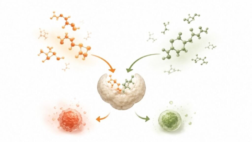 Minimalist illustration of EPA and arachidonic acid competing for enzyme pathways representing how omega-3 fish oil reduces inflammatory eicosanoid production for joint and skin inflammation