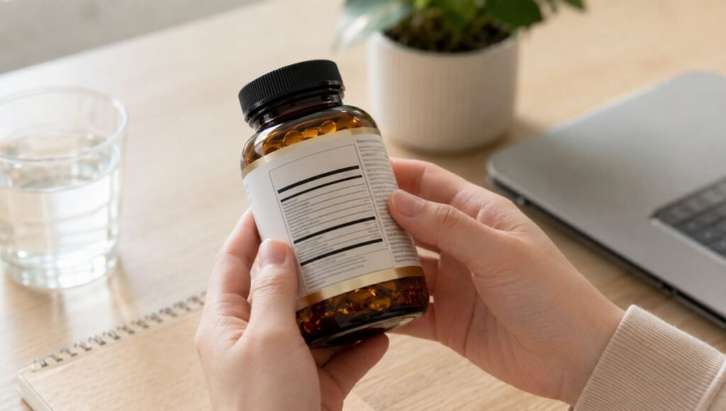 Person reading Supplement Facts label on omega-3 fish oil bottle to check specific EPA and DHA content rather than total oil weight for informed supplement selection