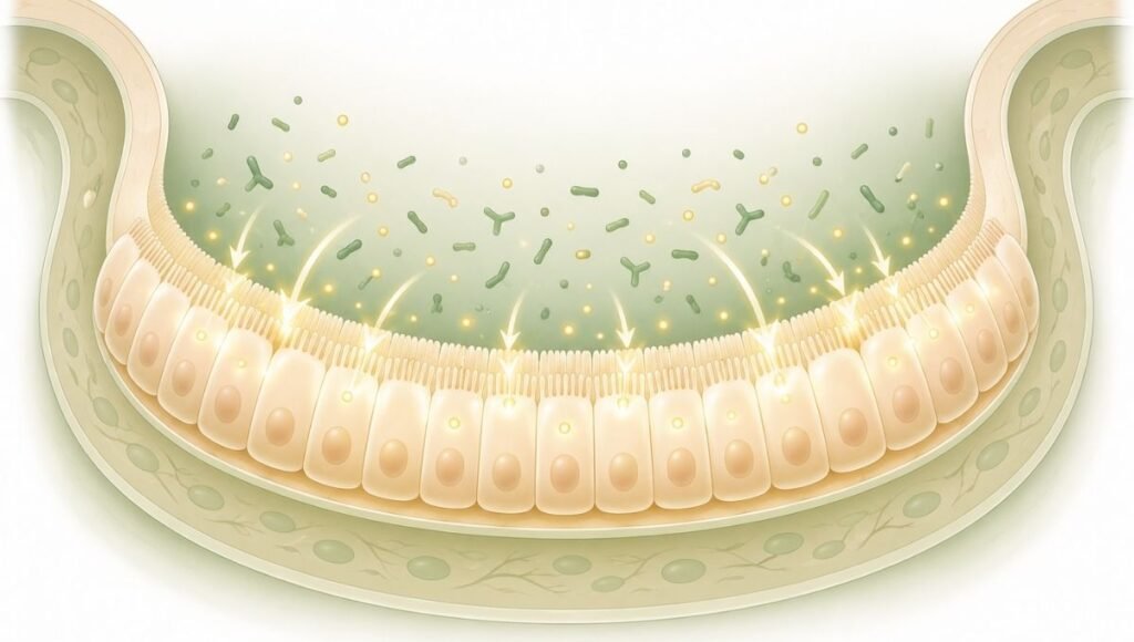 Minimalist illustration of intestinal wall with bacteria producing postbiotics like short chain fatty acids represented by arrows showing how butyrate nourishes colon cells for gut barrier health