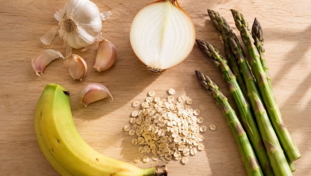 Flat lay of prebiotic-rich foods including garlic onion asparagus oats and banana representing the best dietary sources of prebiotic fiber for feeding beneficial gut bacteria