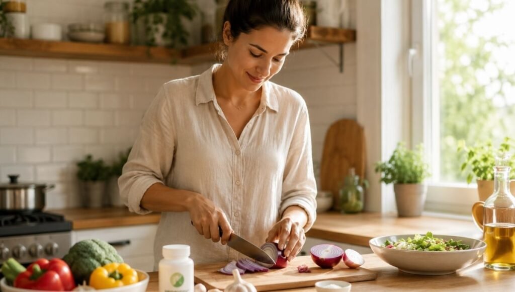 Person preparing prebiotic vegetables in kitchen with probiotic supplement bottle nearby representing the decision framework of prioritizing prebiotic-rich foods before adding probiotic supplements