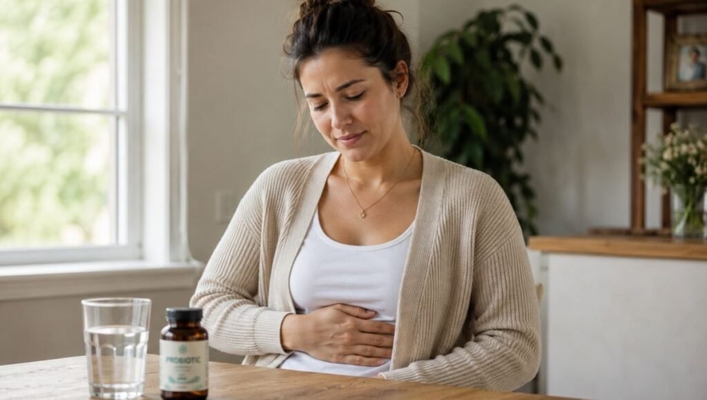 Person with hand on abdomen experiencing bloating next to probiotic supplement representing the benefits of probiotics for digestive symptoms including bloating IBS and gut health