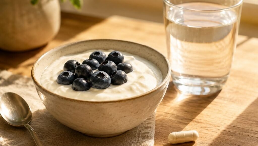 Bowl of yogurt with blueberries next to probiotic capsule and water glass representing a daily routine combining fermented probiotic foods and supplements for gut health bloating and digestive support