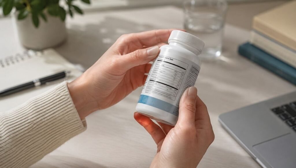 Person reading the back label of a probiotic supplement bottle representing how to check CFU count at expiration date and specific bacterial strain information for informed selection
