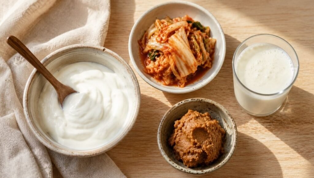 Flat lay of probiotic-rich fermented foods including yogurt kimchi kefir and miso representing the best natural dietary sources of beneficial bacteria for gut health