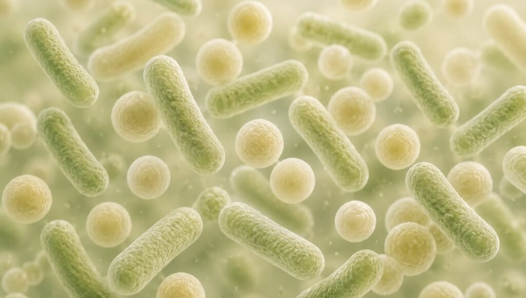 Soft microscopic illustration of probiotic bacteria representing different probiotic strains including Lactobacillus Bifidobacterium and Saccharomyces with different shapes and characteristics