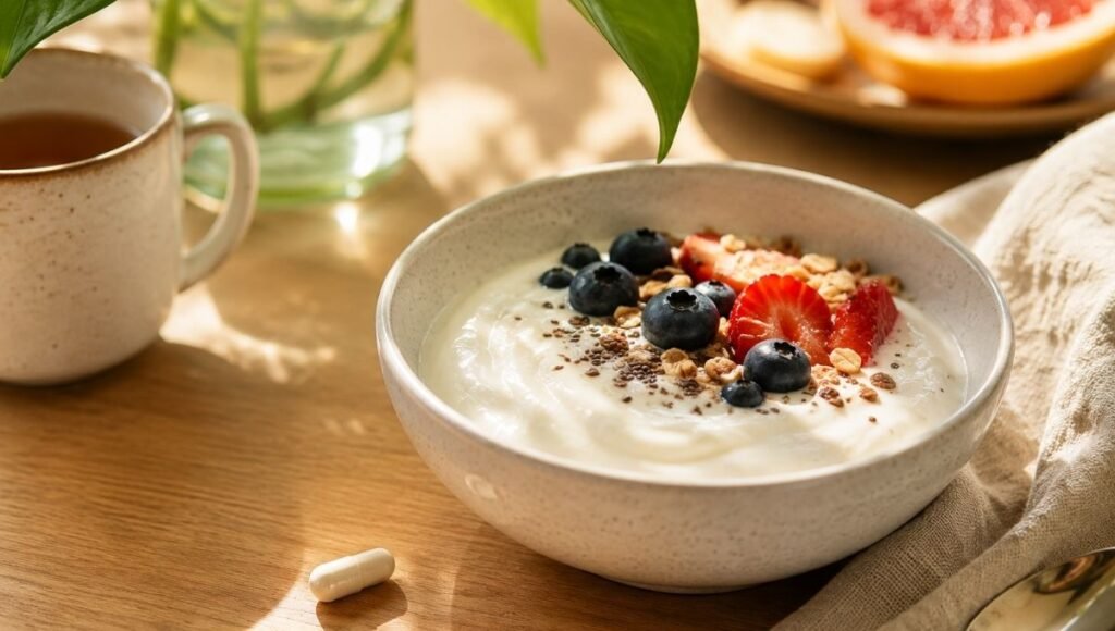 Bowl of yogurt with live cultures next to probiotic capsule in morning light representing daily probiotic routine with the right bacterial strains for long-term gut health support