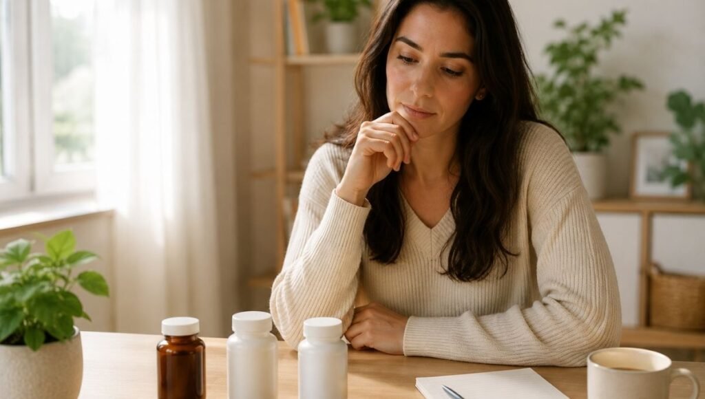 Person comparing multiple probiotic supplement bottles at desk representing the decision process of choosing the right probiotic strain based on specific health goals like IBS bloating or antibiotic recovery