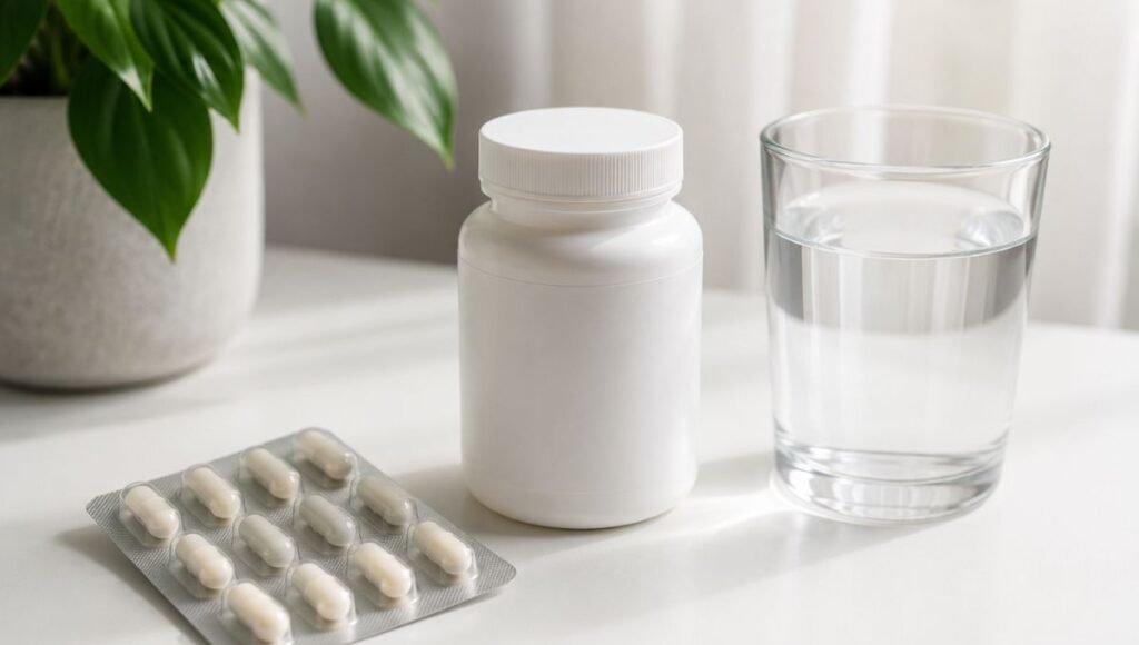 Antibiotic pills and probiotic supplement bottle side by side representing the recommendation to take probiotics during and after antibiotic courses to prevent antibiotic-associated diarrhea