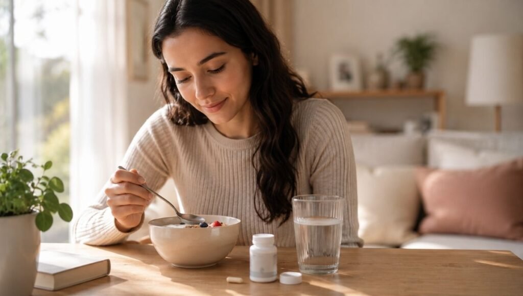 Person at breakfast table with yogurt and probiotic supplement capsule representing a daily gut health routine combining fermented foods and probiotic supplementation