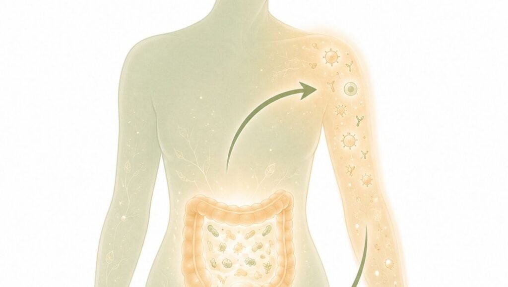 Minimalist body illustration showing connection between gut microbiome and skin with arrows representing the gut-skin axis through which probiotics help reduce eczema and inflammatory skin conditions