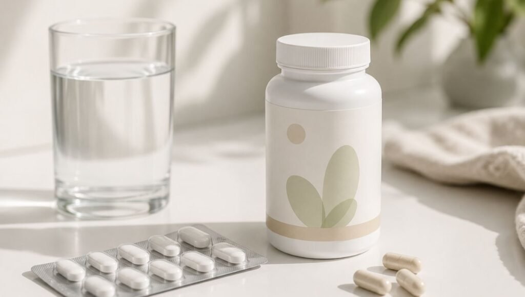 Probiotic supplement bottle beside antibiotic pills representing Saccharomyces boulardii as a yeast probiotic that can be taken simultaneously with antibiotics unlike bacterial probiotic strains