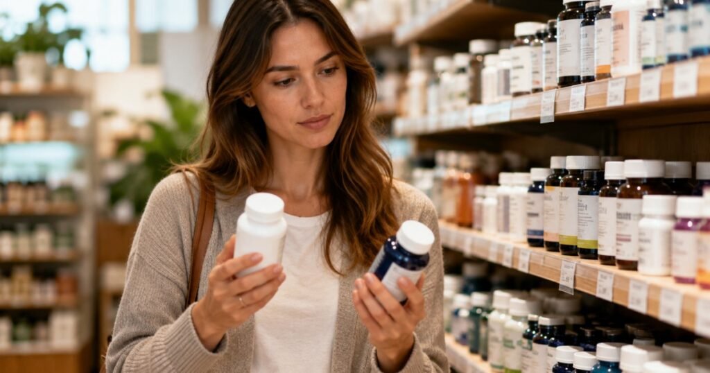 Woman comparing two probiotic supplement bottles at a store shelf representing the challenge of choosing the best probiotic for women from a crowded market of gut health and vaginal health products