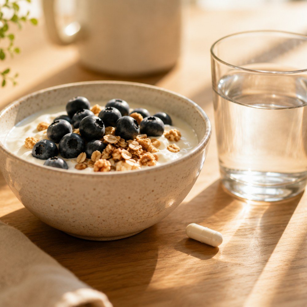 Bowl of yogurt with berries next to probiotic capsule and water in morning light representing a daily probiotic wellness routine for women combining fermented foods and targeted probiotic supplementation