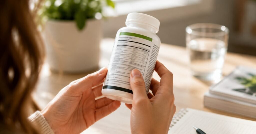 Person reading the Supplement Facts label on a probiotic bottle representing how to check specific strain identifiers and CFU at expiration date when choosing the best probiotic supplement for women