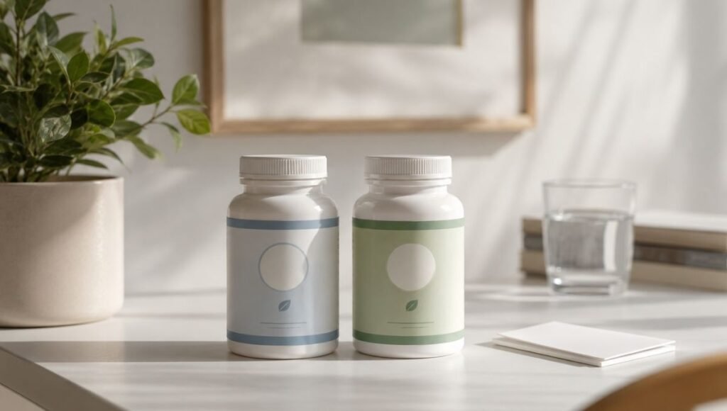 Two probiotic supplement bottles representing different strains for IBS subtypes showing the importance of matching the right probiotic strain to IBS-D diarrhea-predominant or IBS-C constipation-predominant symptoms