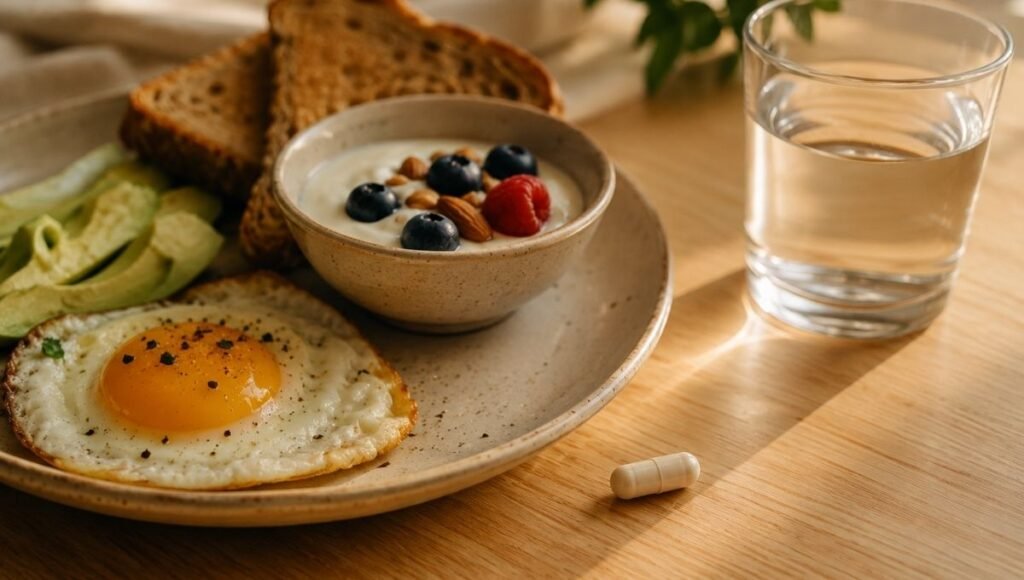 Probiotic capsule beside breakfast plate with eggs and glass of water representing the best time to take probiotics with a fat-containing meal to improve bacterial survival through stomach acid