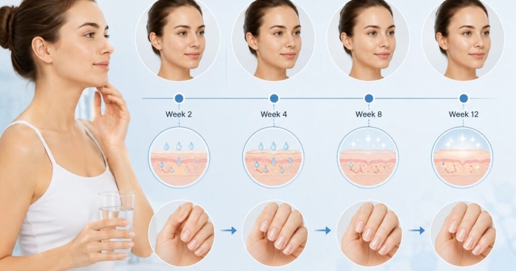 Illustration showing realistic collagen before and after results over a 12-week timeline.