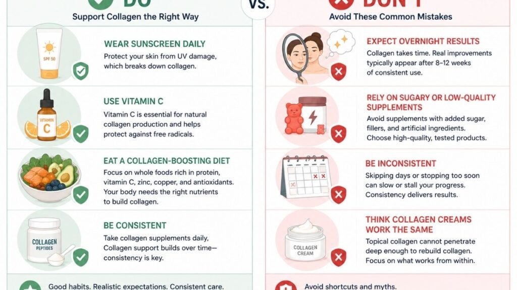 Infographic showing common mistakes that may limit collagen supplement results.
