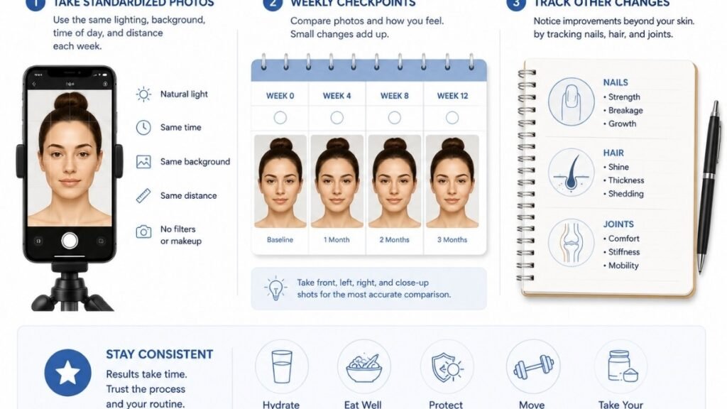 Guide illustrating how to track collagen before and after progress consistently.