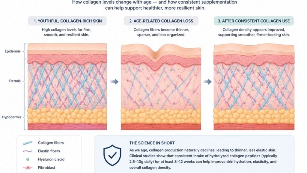 Cross-section illustration showing how collagen supports skin hydration and elasticity.